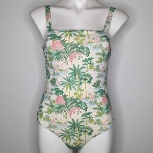 Vineyard Vines Green Pink Tropical Flamingo Square Neck One Piece Swimsuit S